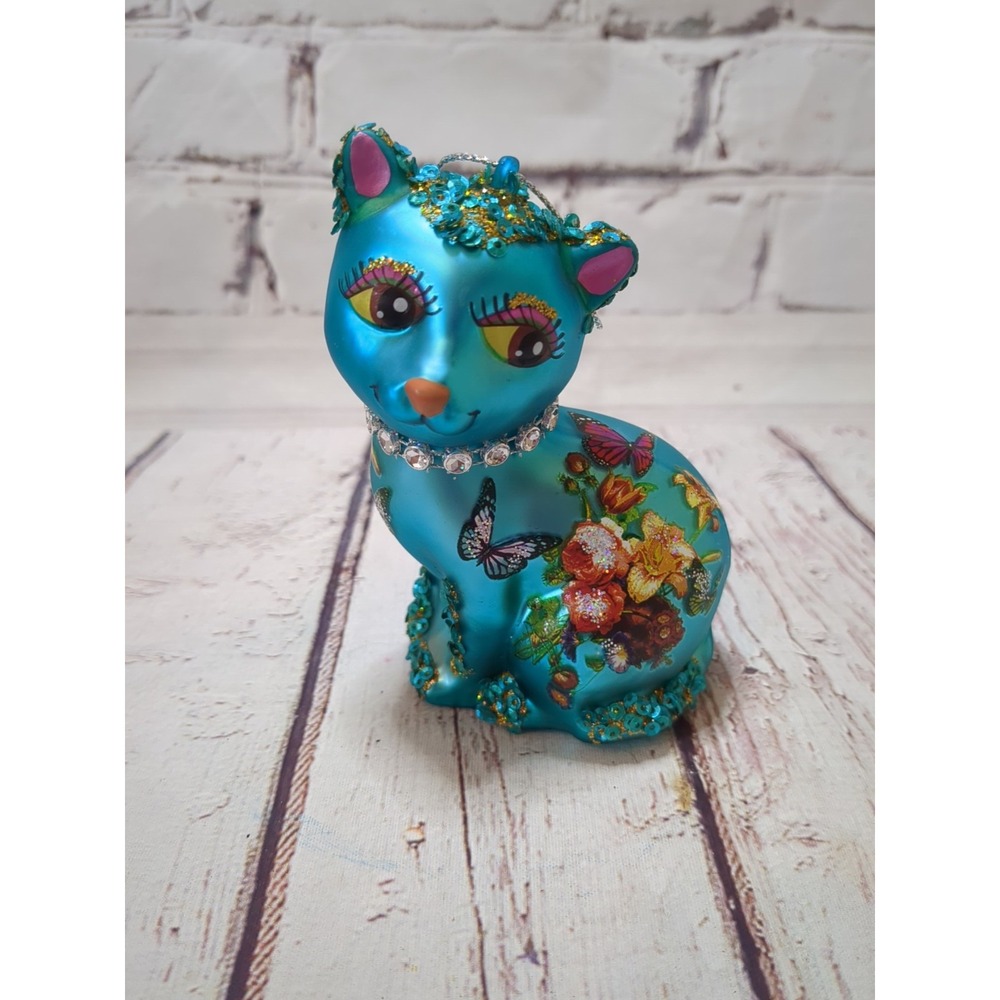 Robert‎ Stanley Cat Blue Glass Ornament Rhinestone Collar Glitter Sequin